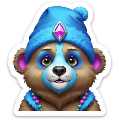 3D, adorable little Pixar style blue neon punk bear wearing a jester hat, ultra detailed, each lash, eye, and strand of fur is shown in stunning detail as though captured in a timeless photograph, rich textures, visually rich, so lifelike it feels like it could leap off the page at any moment sticker