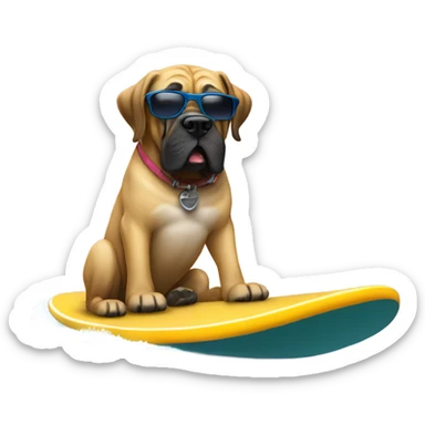 English mastiff riding on a surfboard wearing sunglasses sticker