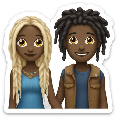 A pretty black girl with dreads holding hands with a blonde white boy with blue eyes sticker
