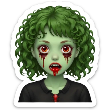 Green zombie emoji girl with curly Brown hair, with curly bangs, wearing a black bluse, blood Just in the tongue  sticker