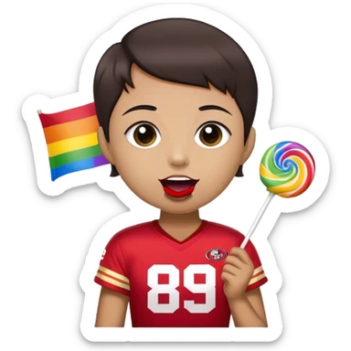 Gay pride 49ers fan licking rainbow lollipop and holding rainbow flag sticker