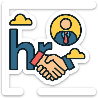 Add a handshake icon to the HR logo, keeping a sleek and businesslike appearance with a transparent background. sticker