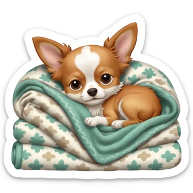 Long haired chihuahua, beige/redhaired with white chest and white socks, head without white, sleeping cutely under blanket sticker