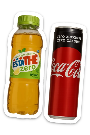 lattina di coca cola zero fluttua accanto a bottiglia di esta-thè zero, iperrealistiche 4k sticker