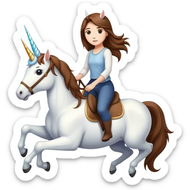 short girl with long brown hair riding a unicorn sticker