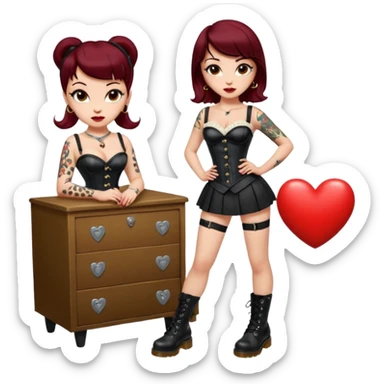 modern pin-up girl, white skin, heart-shaped face, big eyes, flirty expression, dark red lips, brown hair with rockabilly bangs and central blonde streak, leopard corset and black leather, black pencil skirt, Dr. Martens boots, old school tattoos on arms and legs, compact and rounded, full body sticker