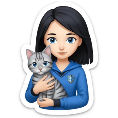 Girl with light skin, blue eyes, shoulder length straight black hair, wears a ravenclaw outfit, with a silver bengal cat holding in her arms sticker