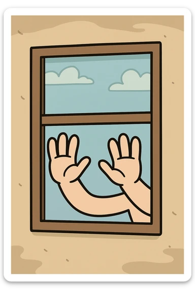 a window with hands, cartoon style, flat toon style sticker
