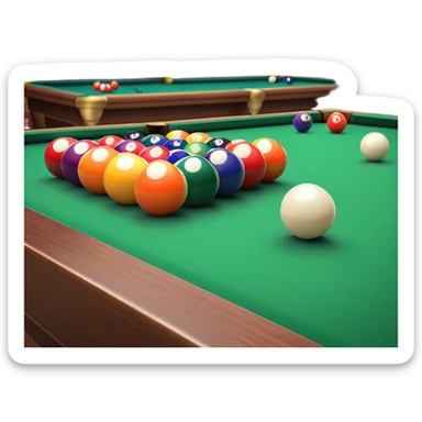A close-up of a billiard table with a cue stick lined up to strike a colorful set of balls. The focus is on the precision of the shot, with the table’s green surface and the triangular arrangement of balls, creating a dynamic scene of strategy and concentration in the game of billiards. sticker