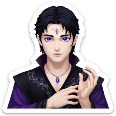 A strikingly handsome High Fae male with midnight-black hair, piercing violet eyes that glow under the moonlight. His lips curve into a knowing smirk, revealing a dangerous charm. He wears an elegant black tunic with silver embroidery, the fabric flowing like liquid shadow. A silver ring glints on his long fingers, and faint wisps of darkness swirl around his shoulders like living mist sticker
