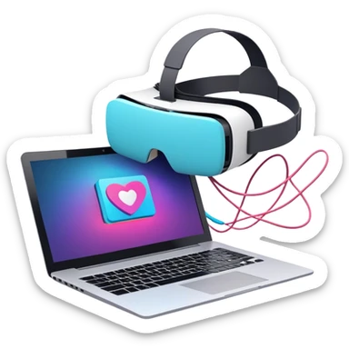 VR headset lying next to a laptop, connected by wires. On the laptop screen a VR/AR modeling program is opened. Floating 3D models or virtual objects. Modern, tech-inspired colors. No emojis or smiley faces. Transparent background. sticker