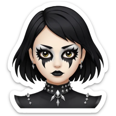 Crea una ragazza con stile black metal,  paint face black metal, capelli neri, mossi dalle spalle e occhi bianchi e un collare con borchie a punta sticker