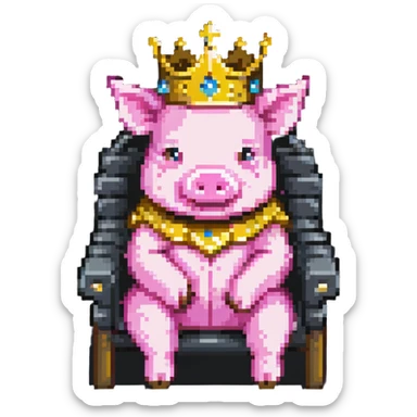 minimal abstract pixel art pig with a golden crown sitting on a throne, blocky and square like Minecraft, very few pixels sticker