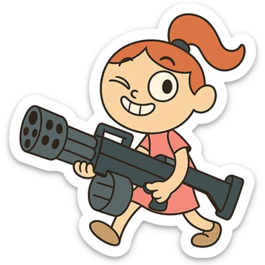 funny, positive stalker girl named Businka with a huge machine gun sticker