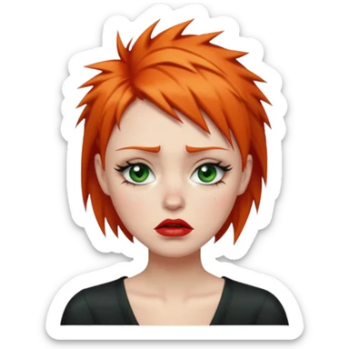 Short spikey Ginger hair, green eyes, black long eye lashes large red lips White woman very sad crying years coming out or eyes sticker