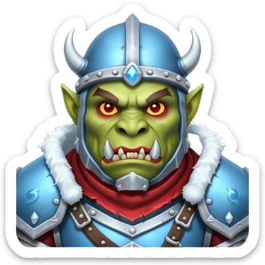 
Fantasy Christmas orc legion soldier icon, iron tundra army theme, heavy winter armor, disciplined brutal look, icy blue steel armor with deep crimson accents, frozen metal texture, cold winter atmosphere, clean readable emoji style
 sticker