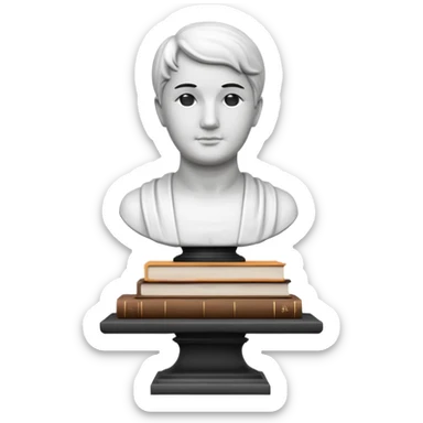 Minimalistic flat vector icon, iOS style, thin black contour on white background. Bust statue on a small pedestal next to a stack of books, symbolizing classic literature. Clean, no text, no shadows sticker