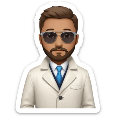 White tesla model 3 with one cool physician with dark blond hair, beard and dark sunglasses next to it sticker