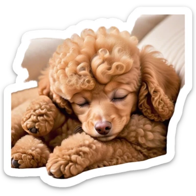 Meme-Worthy Cute Sleeping Apricot Poodle Portrait Emoji, Head resting peacefully with a contented smile, showcasing a delightfully elegant build and a luxuriously soft, curly apricot Fur, eyes shut in a serene nap, Simplified yet hilariously adorable features, highly detailed, glowing with a soft, drowsy light, high shine, relaxed and utterly lovable, stylized with an air of playful laziness, bright and heartwarming, soft glowing outline, capturing the essence of a comically sleepy companion, so meme-worthy it feels like it could instantly become the next viral sensation of adorable slumber! sticker