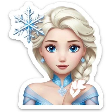 Cinematic Realistic Elsa Portrait, depicted with lifelike skin texture, soft natural lighting, and intricately detailed platinum blonde hair styled elegantly. Her striking, expressive blue eyes exude confidence and grace, complemented by a serene and regal expression. She holds a shimmering snowflake delicately in one hand, her other hand resting against her gown, embodying the power and beauty of winter. She is dressed in her signature icy attire, with shimmering fabric textures and delicate folds that catch the light beautifully. The portrait features a soft, enchanting glow with a cool, radiant finish, capturing the essence of timeless elegance in a realistic and painterly style. sticker