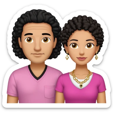 A picture if a couple. the man is a Mexican man with tanned skin, black hair, a bald hair cut, short boxed beard, and wearing a black shirt. the woman is mixed with black and white, with brown curly long hair, gold diamond earrings, a gold chain necklace and wearing a pink shirt on with big boobs sticker