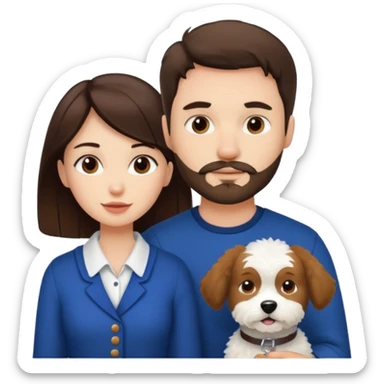scottish man with stubble, brunette woman and one white fluffy dog sticker