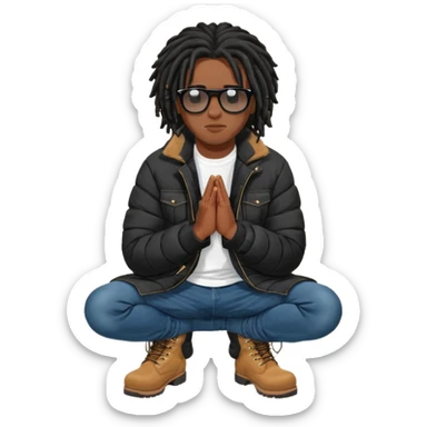 African American man brown skin complexion with black dreadlocks shoulder length wearing black bubble winter coat wearing black sunglasses with denim skinny jeans and timberland boots kneeling in prayer sticker