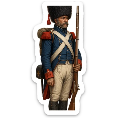 Vieille Garde soldier, Napoleonic era, blue uniform, bearskin hat, standing at attention, detailed, historical sticker
