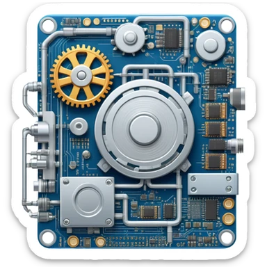 An icon featuring a giant machine soldering a huge microchip, symbolizing engineering. The design includes mechanical gears, circuit boards, and a blueprint, representing the precision and innovation in designing and building technology. Transparent background highlights the art of engineering sticker