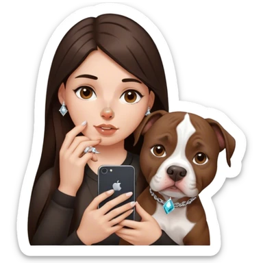 ￼ a young girl with long dark brown hair cascading down her face. It’s with her phone in her hands, sitting next to her pitbull with a small diamond nose ring in her nose. sticker