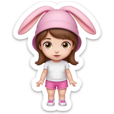 Cute emoji baby girl with big eyes, brown hair, bunny ear pink hat, white t-shirt and pink shorts. sticker