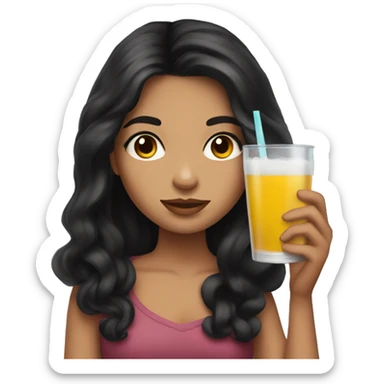 Girl with long lashes and dark hair holding a drink sticker