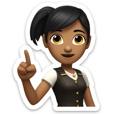 A dark-haired Roblox girl pointing to her right. Her face showing approval sticker