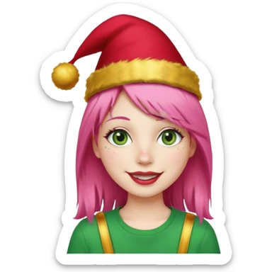 Create a girl with pink hair and green eyes with long eyelashes and a smiley face. She has freckles in her face and a lit of bit of lipstick on her mouth, she’s also got gold birthday hat on her head with gold pom poms on top of it, and her T-shirt is red sticker