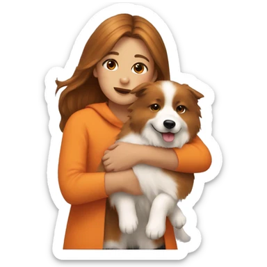 Girl with brown hairs hugs orange spitz nain sticker