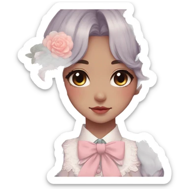Gorgeous pastel anime style lady with blushing face and flowers and laces and bow ties and pretty hair aesthetic trending style sticker
