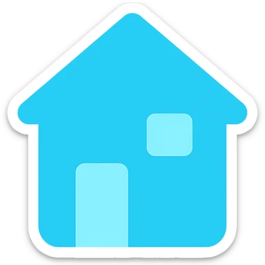 house icon with square base main structure, triangle roof, smaller rectangle door, square window, all shapes filled with #00EEFF color sticker