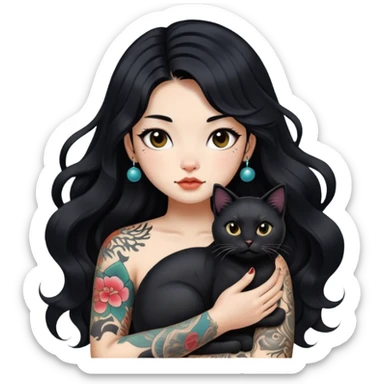 a Chinese girl with long black  Big Wave hair and tattoos and a black round faced cat sticker