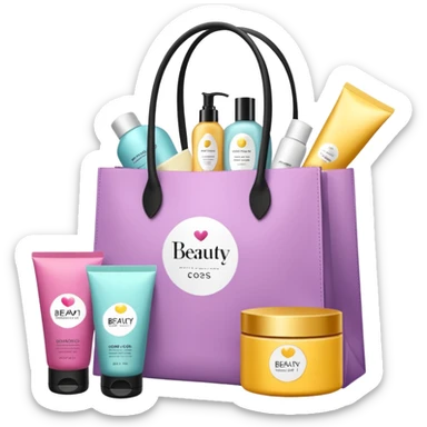 Gift bag with beauty products (shampoo, creams, styling products), a gift bag is beautyful open box with luxury brand-labeled beauty products standing nearby sticker