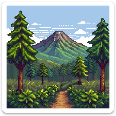 2D forest background with parallax layers, trees, bushes and a distant mountain sticker