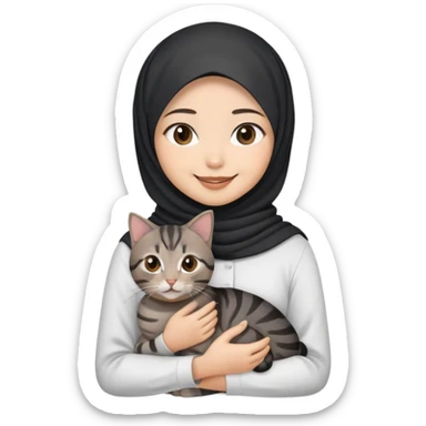 Asian white Girl wearing dark  hijab with white shirt smiling while holding a black brown grey tabby cat sticker