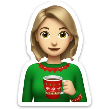 Light brown short haired girl with green eyes drinking coffee wearing Christmas sweater sticker