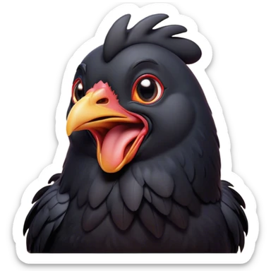 Cinematic Cute Yawning Black Chicken Portrait Emoji, Head tilted slightly with a dramatic, wide-open yawn, showcasing a soft, glossy black plumage with subtle hints of iridescence and a distinctive red comb, floppy wings slightly drooping, round beady eyes barely open in drowsy contentment, Simplified yet irresistibly adorable features, highly detailed, glowing with a soft, cozy glow, high shine, relaxed yet expressive, stylized with a touch of whimsy, bright and endearing, soft glowing outline, capturing the essence of a sleepy yet affectionate chicken, so drowsy it feels like it could stretch out of the screen and curl up for a nap! sticker