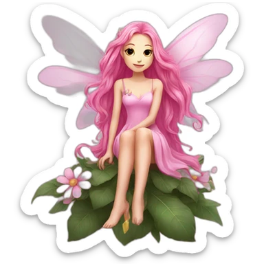 long pink hair fae pink dress with wings sitting on flower sticker