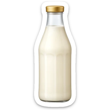 tall clear or opaque glass bottle filled with creamy white liquid, sealed with simple cap, soft natural shape, faint label hinting goat origin, no text or branding, milk richer tone than cow's milk, soft lighting, subtle shadows, emoji scale sticker