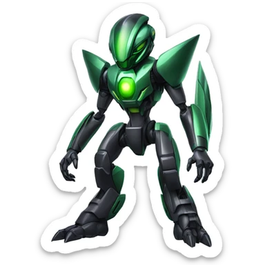 a shiny black-green Genesect-Raptor-Fakémon-Medabot-hybrid with a futuristic visor-helmet full body sticker