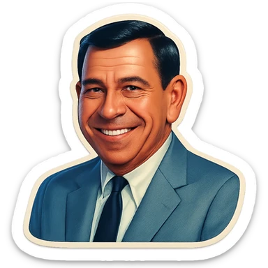 Portrait of this man in retro stickers style, smiling, no text, neutral background. sticker