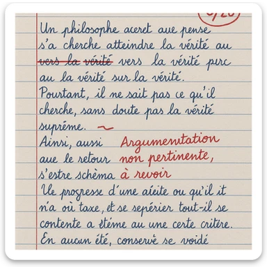 handwritten philosophy paper in French, high school, lined paper, blue ink, grade 5/20 circled in red, teacher's comment in French: 'Argumentation non pertinente, à revoir' in red, a few red marks and corrections sticker