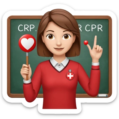 very Happy Teacher, female, brown hair up, wearing a red long sleeve top holding a pointer stick to a white board with a CPR logo. sticker
