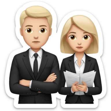 man in formal suit talking to woman in formal suit, they sit, papers in hands sticker